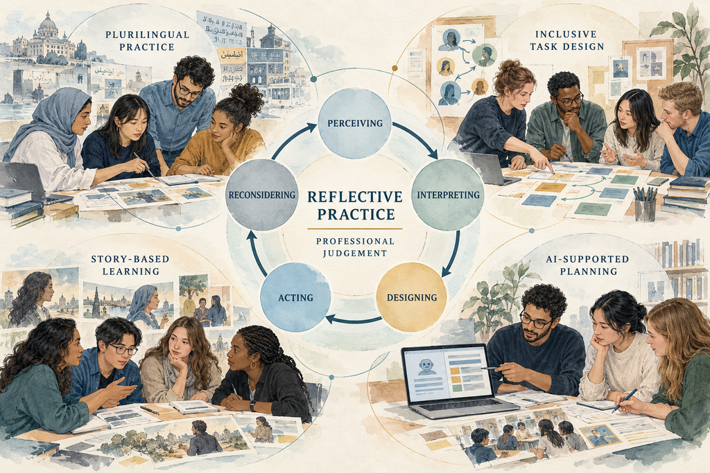 Conceptual visual of reflective practice in EFL teacher education. A recurring cycle of perceiving, interpreting, designing, acting and reconsidering supports professional judgement across plurilingual practice, inclusive task design, story-based learning and AI-supported planning.